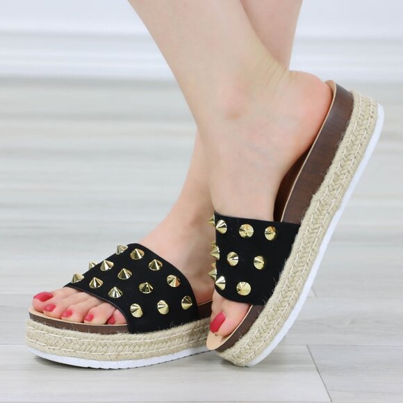 Black Platform Espadrille Sandals Nubuck Gold Metal Stud Sliders - Picture 8 of 11